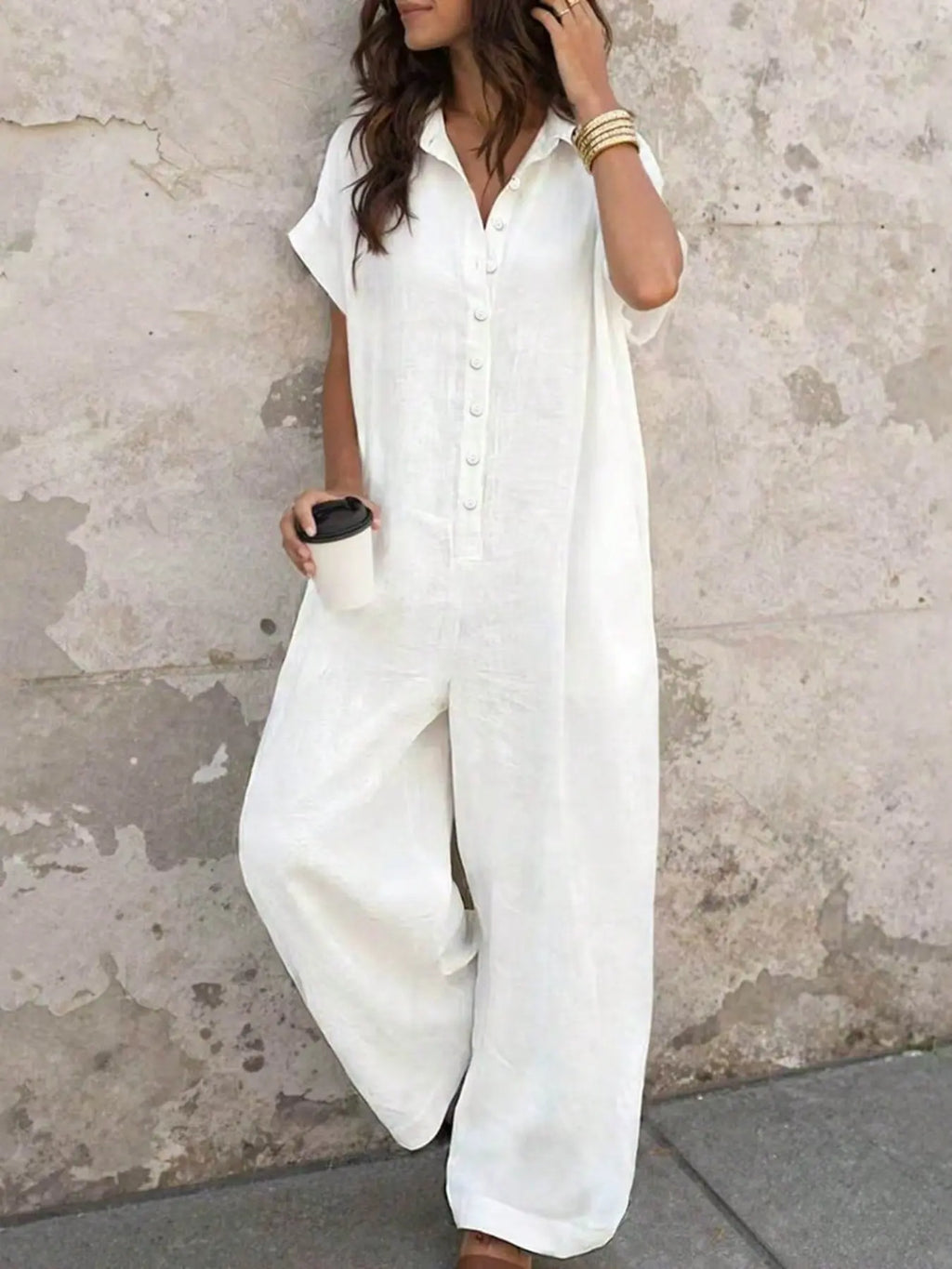 Women's Casual Loose-Fitting Button-Up Jumpsuit with Short Sleeves and Wide Leg Design for Summer