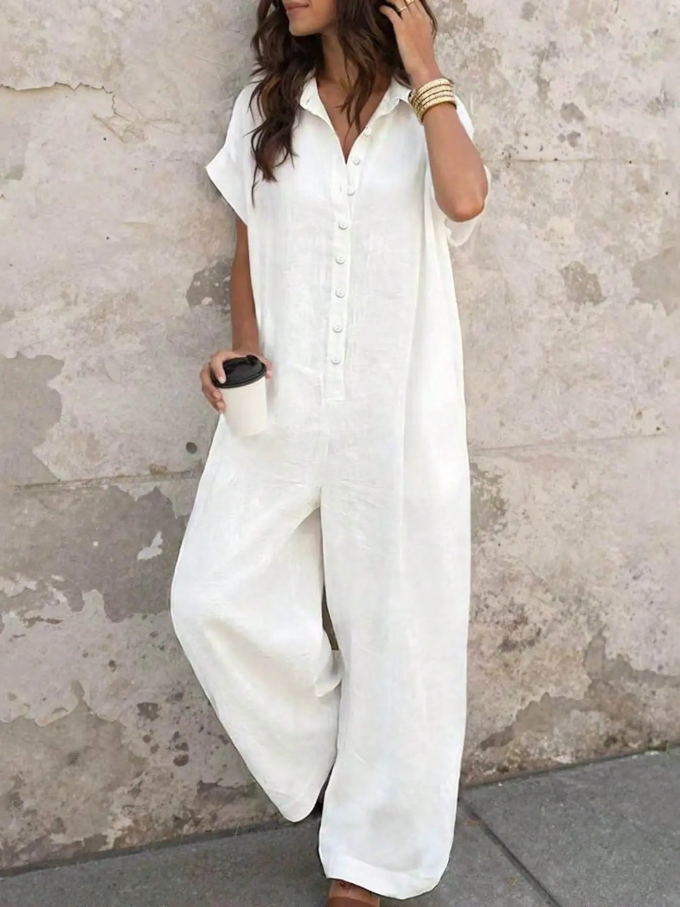 Women's Casual Loose-Fitting Button-Up Jumpsuit with Short Sleeves and Wide Leg Design for Summer