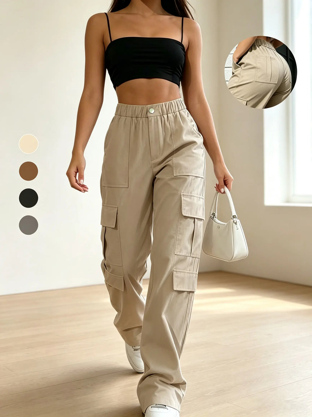 Women's Mid-Rise Cargo Straight-Leg Pants with Elastic Waistband and Large Side Pockets, Versatile Drapey Fabric for Casual Summer Style