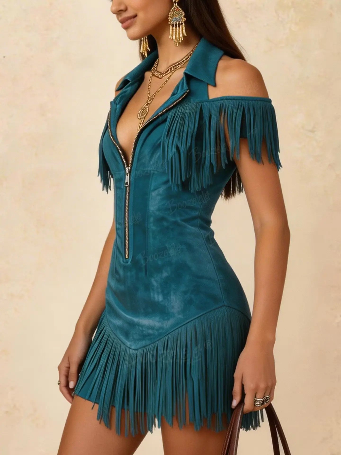 Women's Western-Inspired Lapel Zipper Tassel Slim-Fit Casual Mini Dress