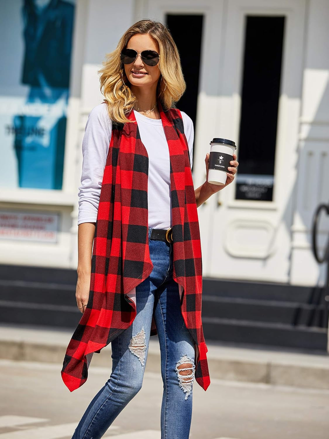 Women's Lightweight Plaid Duster Cardigan Vest with Sleeveless Design and Pockets