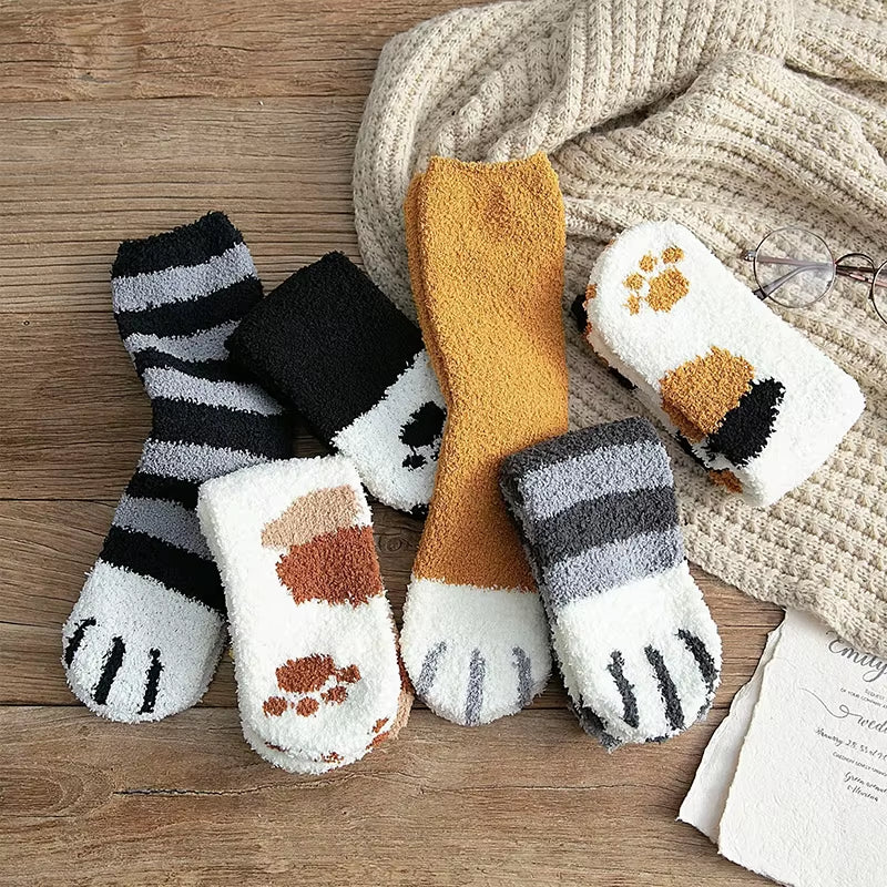 Women's Plush Cotton Socks with Cute Animal Paw Cartoon Design for Comfortable Home and Sleep Wear