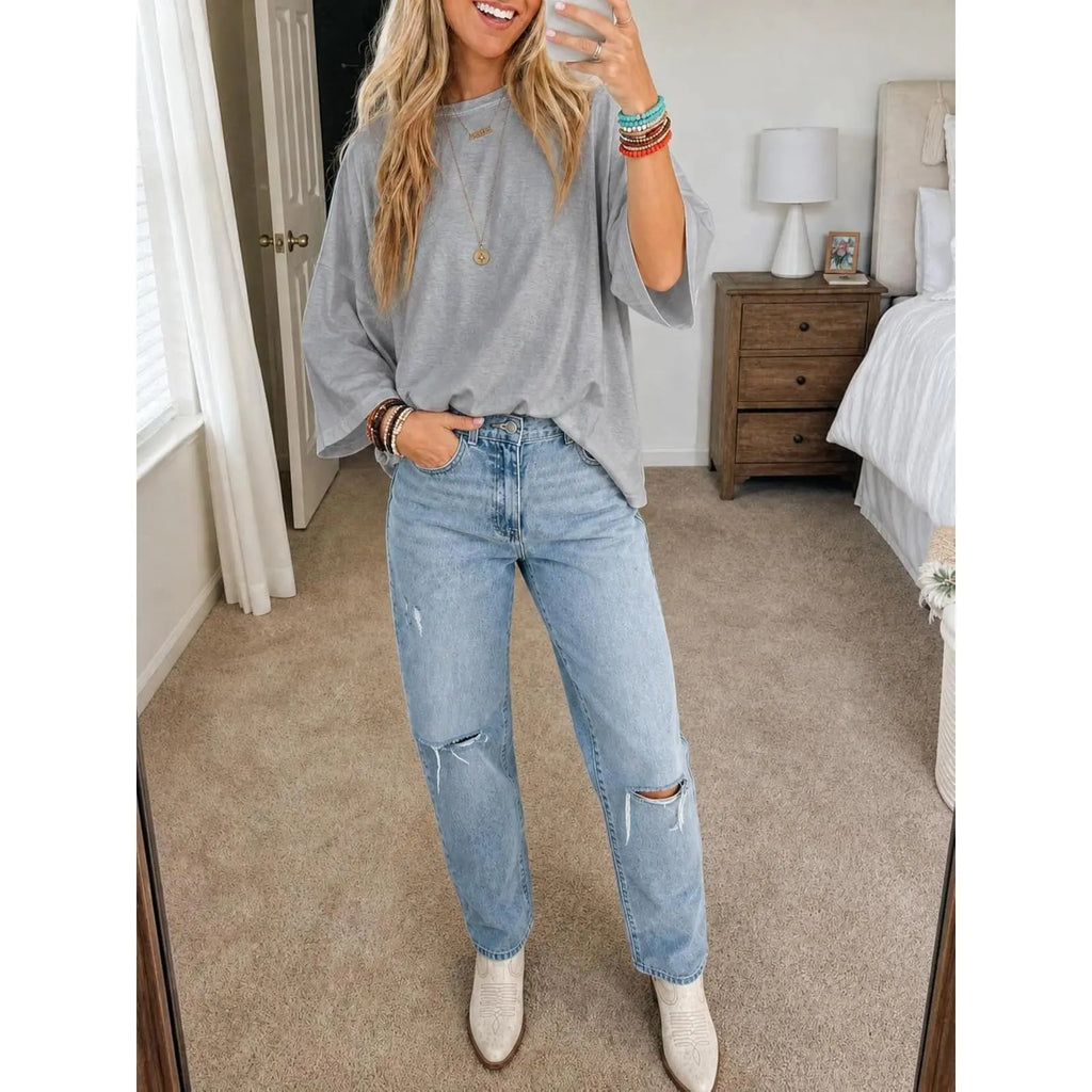 Flowyair Women's Oversized Casual T-Shirt with 3/4 Sleeves - Summer Boxy Loose Fit Crew Neck Basic Top