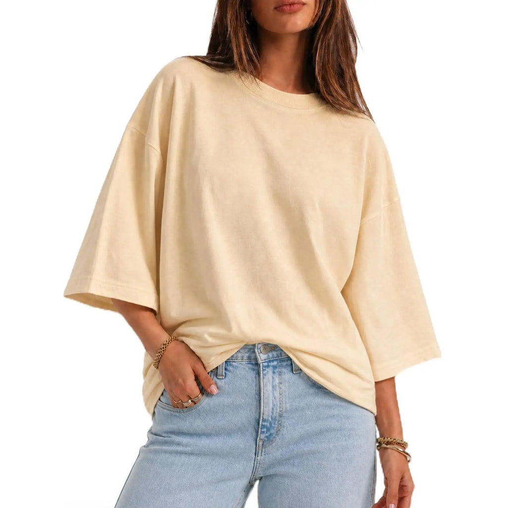 Flowyair Women's Oversized Casual T-Shirt with 3/4 Sleeves - Summer Boxy Loose Fit Crew Neck Basic Top