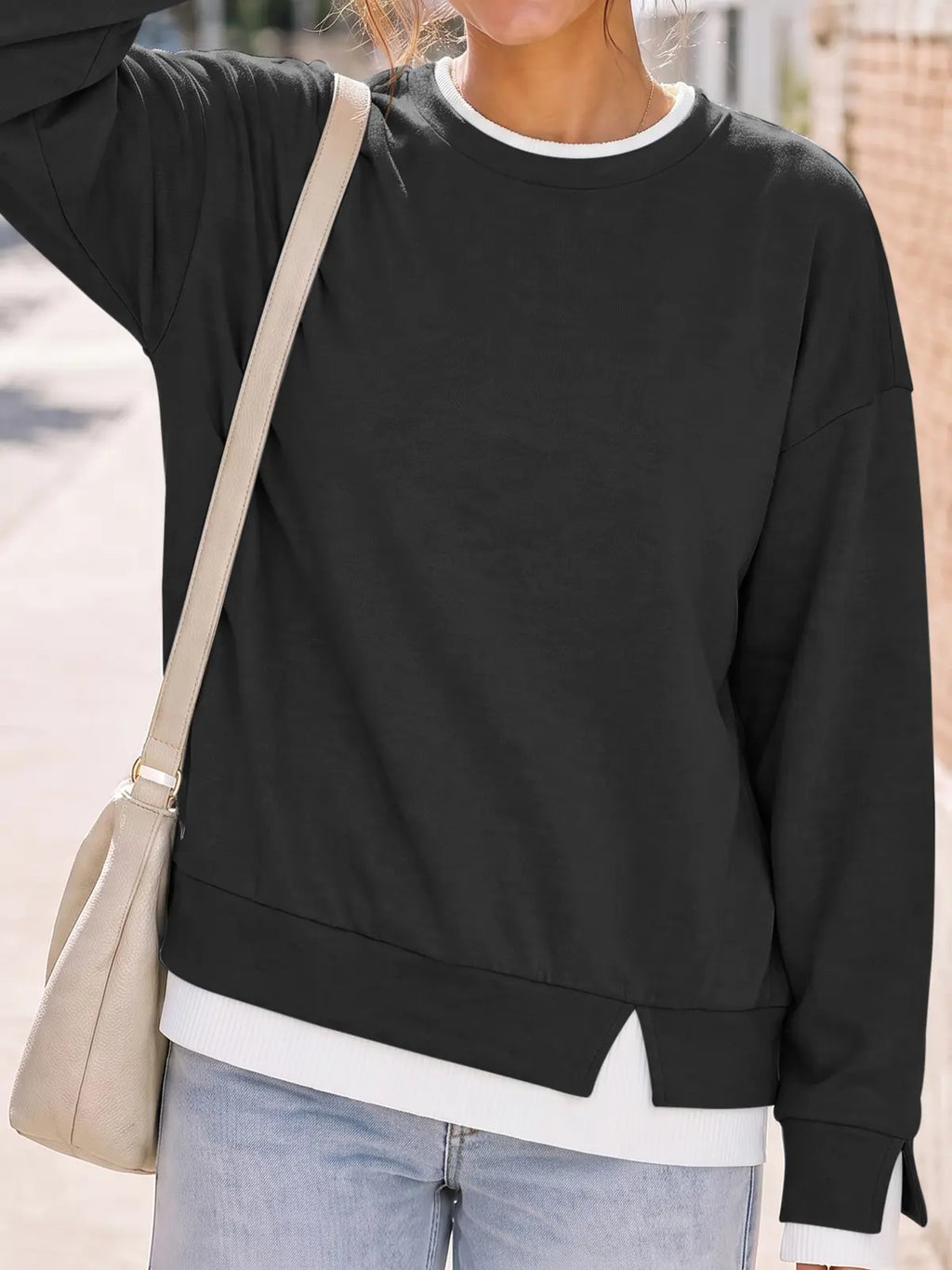 Fisoew Women's Oversized Layered Sweatshirt with Crew Neck and Ribbed Cuffs, Casual Drop Shoulder Pullover Hoodie