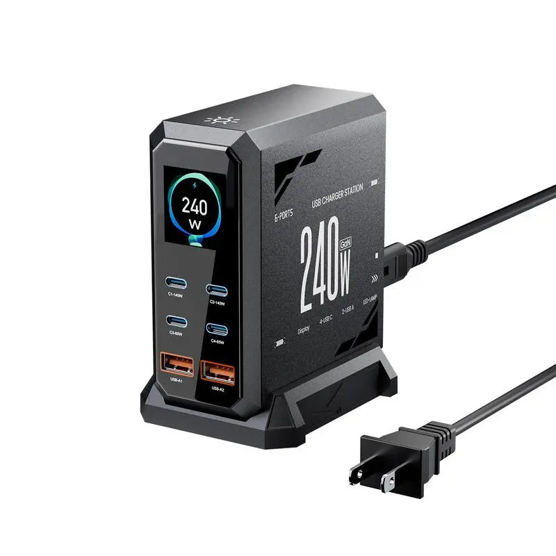 240W Digital USB-C GaN Charging Station with 6 Ports, PD 3.1 140W Fast Charger for MacBook Pro/Air, DELL Laptops, iPhone 17 Pro Max, Samsung Smartphones, and iPads, Black