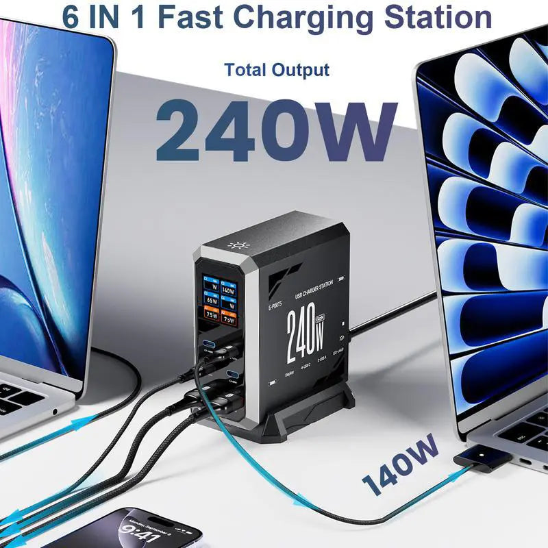240W Digital USB-C GaN Charging Station with 6 Ports, PD 3.1 140W Fast Charger for MacBook Pro/Air, DELL Laptops, iPhone 17 Pro Max, Samsung Smartphones, and iPads, Black