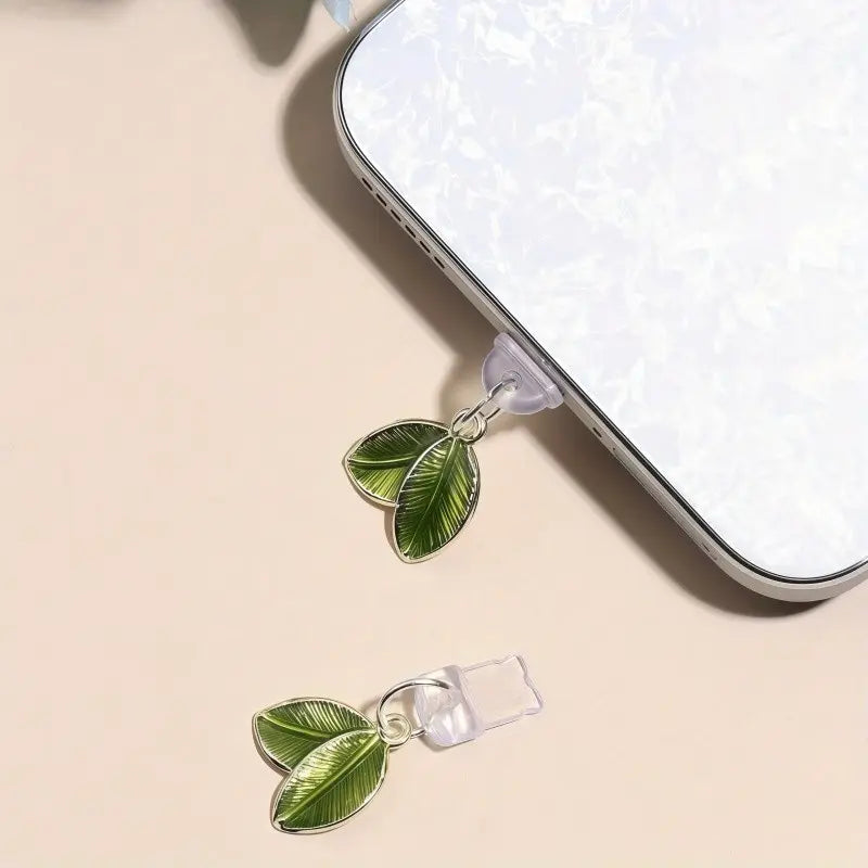 Mobile Phone Dust Plugs - Elegant Leaf Design Pendant for iPhone, Type-C, and Android Devices - Compact and Functional Cell Phone Accessories - Ideal for Gifting and Decoration