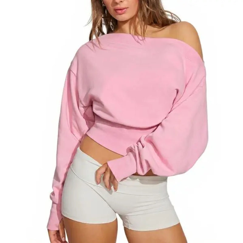 Fisoew Women's Autumn/Winter Solid Color Off-Shoulder Sweatshirt - Versatile Elastic Top for Casual Daily Wear and Back-to-School Street Style
