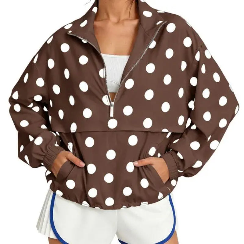 Fisoew Women's Oversized Polka Dot Half-Zip Pullover Jacket - Lightweight Windbreaker Sweatshirt for Casual Fall Streetwear