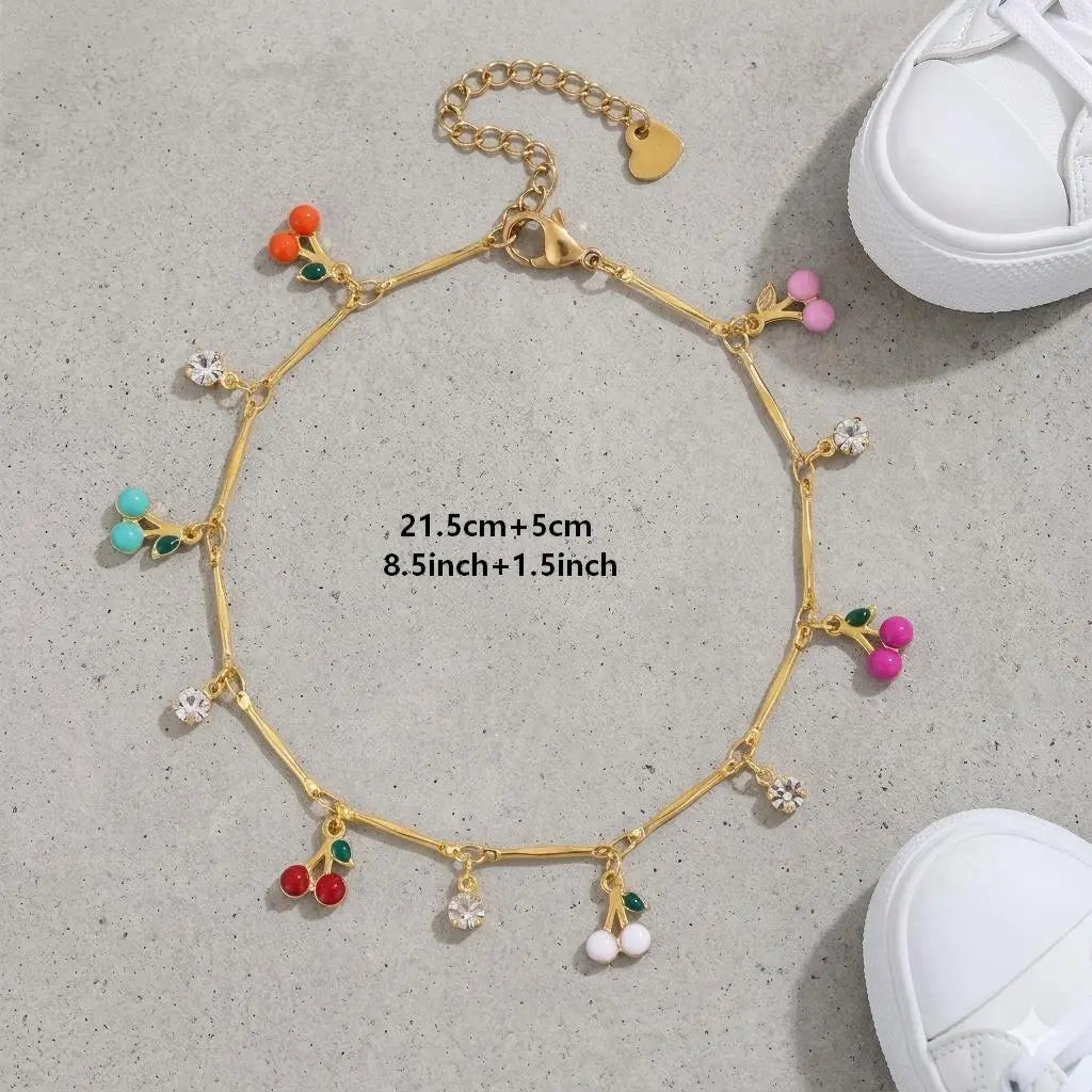 FLORIDECO Women's Adjustable Y2K Colorful Cherry Anklet - Dainty Gold Costume Jewelry for Summer Beach Wear