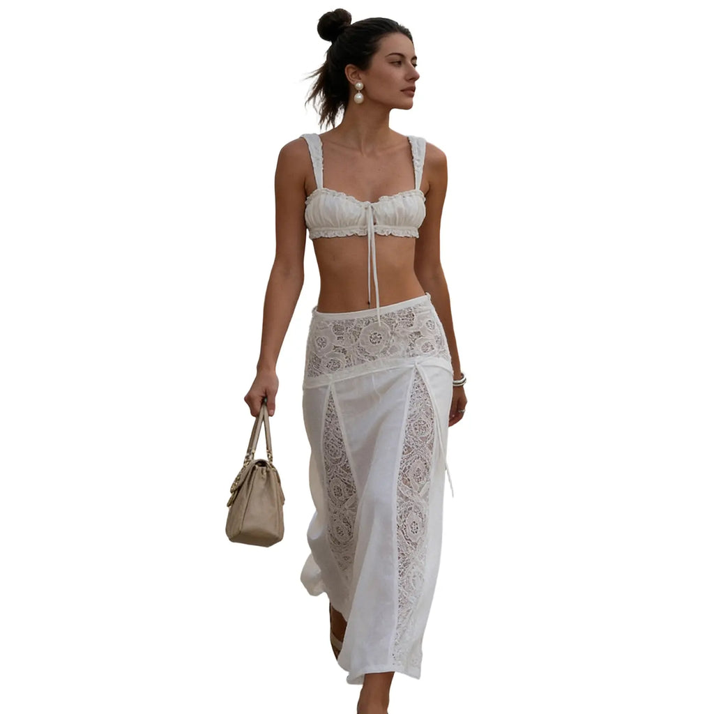 Women 2 Piece Cover up Set Tie-Up Cami Tops and Patchwork Lace Low Rise Long Skirt for Beach Party