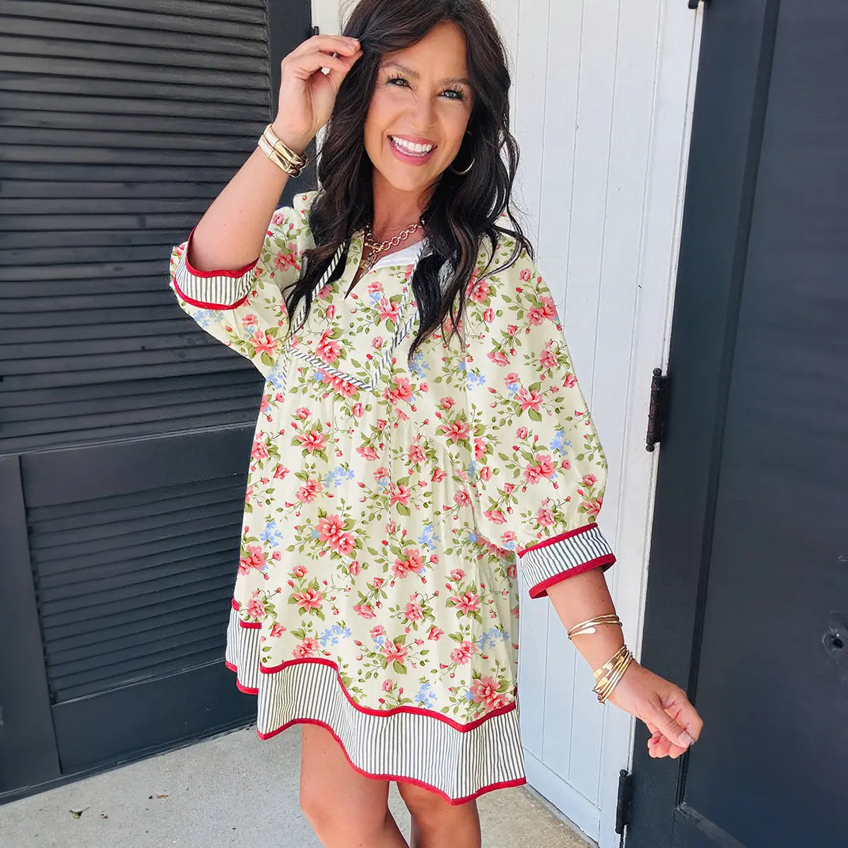 Mntaor Women's Casual Apricot Striped Edge 3/4 Puff Sleeve Floral V-Neck Tiered Babydoll Mini Dress - Ideal for Summer Beach Parties, Vacations, and Brunches