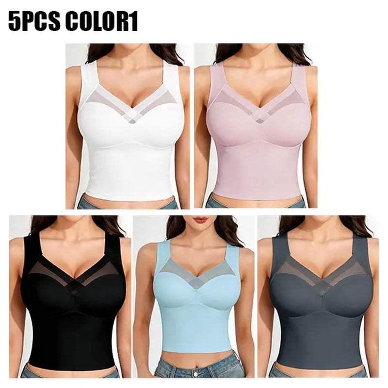 Esselegance Women's Luxury Seamless Longline Bra - Sophisticated Mesh Plunge V-Neck Wirefree Bralette - Premium Smoothing Shapewear Crop Top with Built-In Support - Elegant Wide Strap Push-Up Everyday Camisole - Invisible High-End Essentials