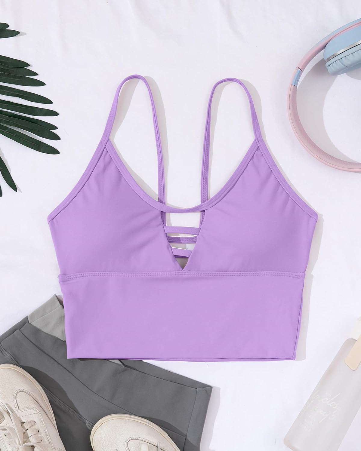 High Support Longline Sports Bras for Women with Strappy Design and Built-in Padded Crop Yoga Tank Top