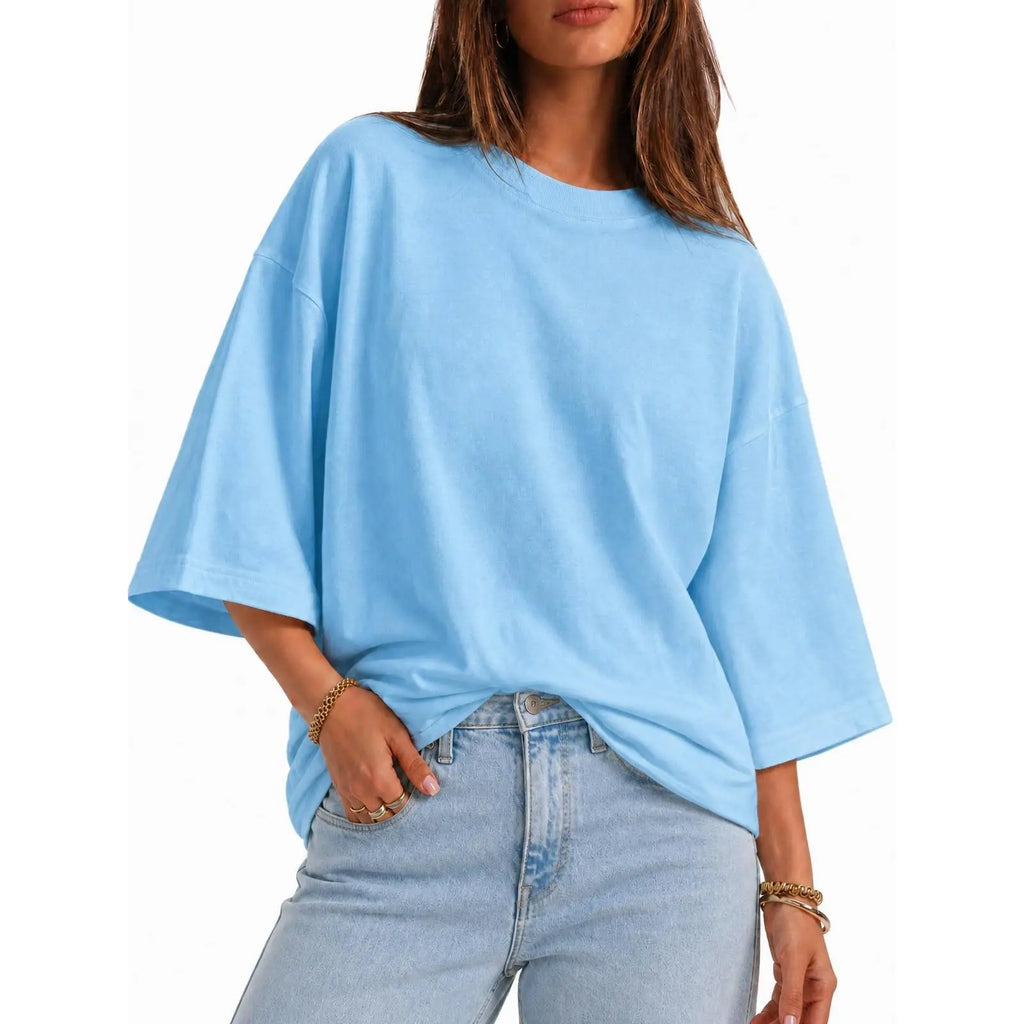 Flowyair Women's Oversized Casual T-Shirt with 3/4 Sleeves - Summer Boxy Loose Fit Crew Neck Basic Top