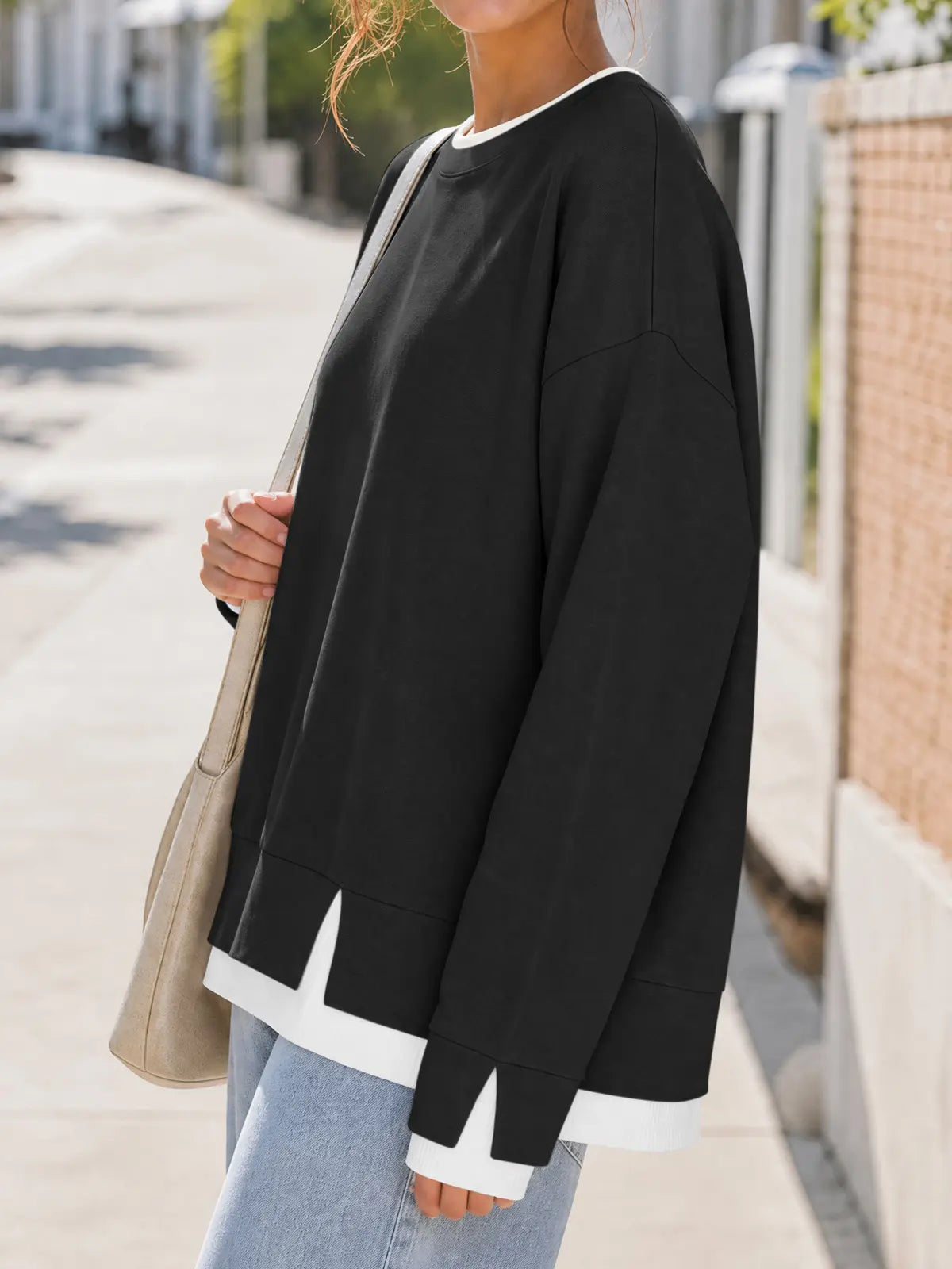 Fisoew Women's Oversized Layered Sweatshirt with Crew Neck and Ribbed Cuffs, Casual Drop Shoulder Pullover Hoodie