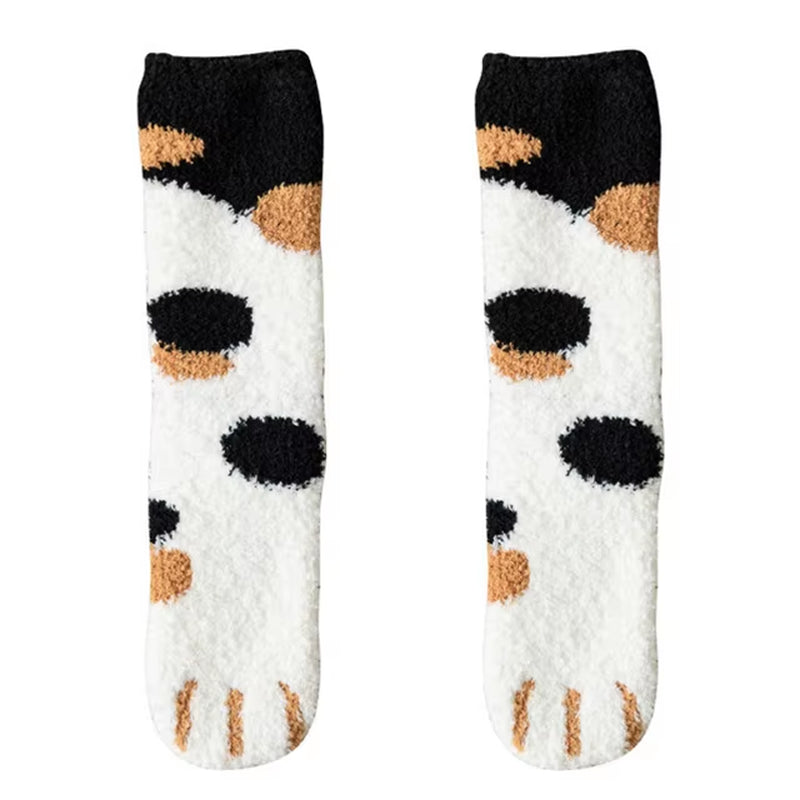 Women's Plush Cotton Socks with Cute Animal Paw Cartoon Design for Comfortable Home and Sleep Wear