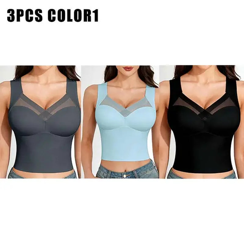 Esselegance Women's Luxury Seamless Longline Bra - Sophisticated Mesh Plunge V-Neck Wirefree Bralette - Premium Smoothing Shapewear Crop Top with Built-In Support - Elegant Wide Strap Push-Up Everyday Camisole - Invisible High-End Essentials
