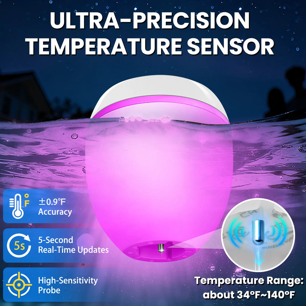 3-in-1 Floating Pool Speaker with Digital Water Thermometer, IP68 Waterproof TWS Technology, and Color LED Lights for Pool, Hot Tub, and Spa - White