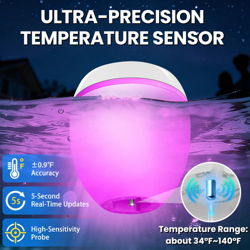3-in-1 Floating Pool Speaker with Digital Water Thermometer, IP68 Waterproof TWS Technology, and Color LED Lights for Pool, Hot Tub, and Spa - White