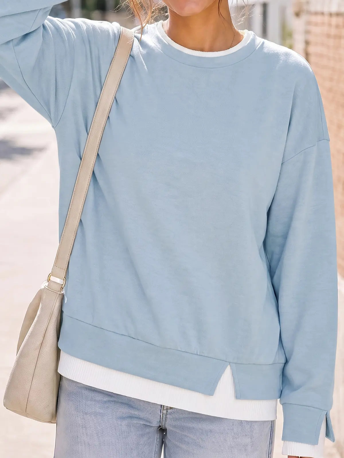 Fisoew Women's Oversized Layered Sweatshirt with Crew Neck and Ribbed Cuffs, Casual Drop Shoulder Pullover Hoodie