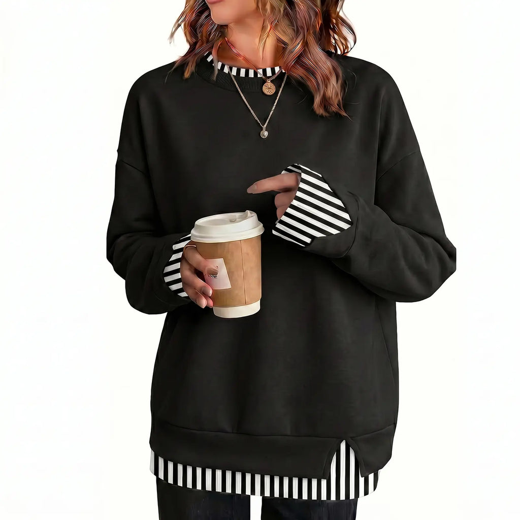 Fisoew Women's Oversized Layered Sweatshirt with Crew Neck and Ribbed Cuffs, Casual Drop Shoulder Pullover Hoodie