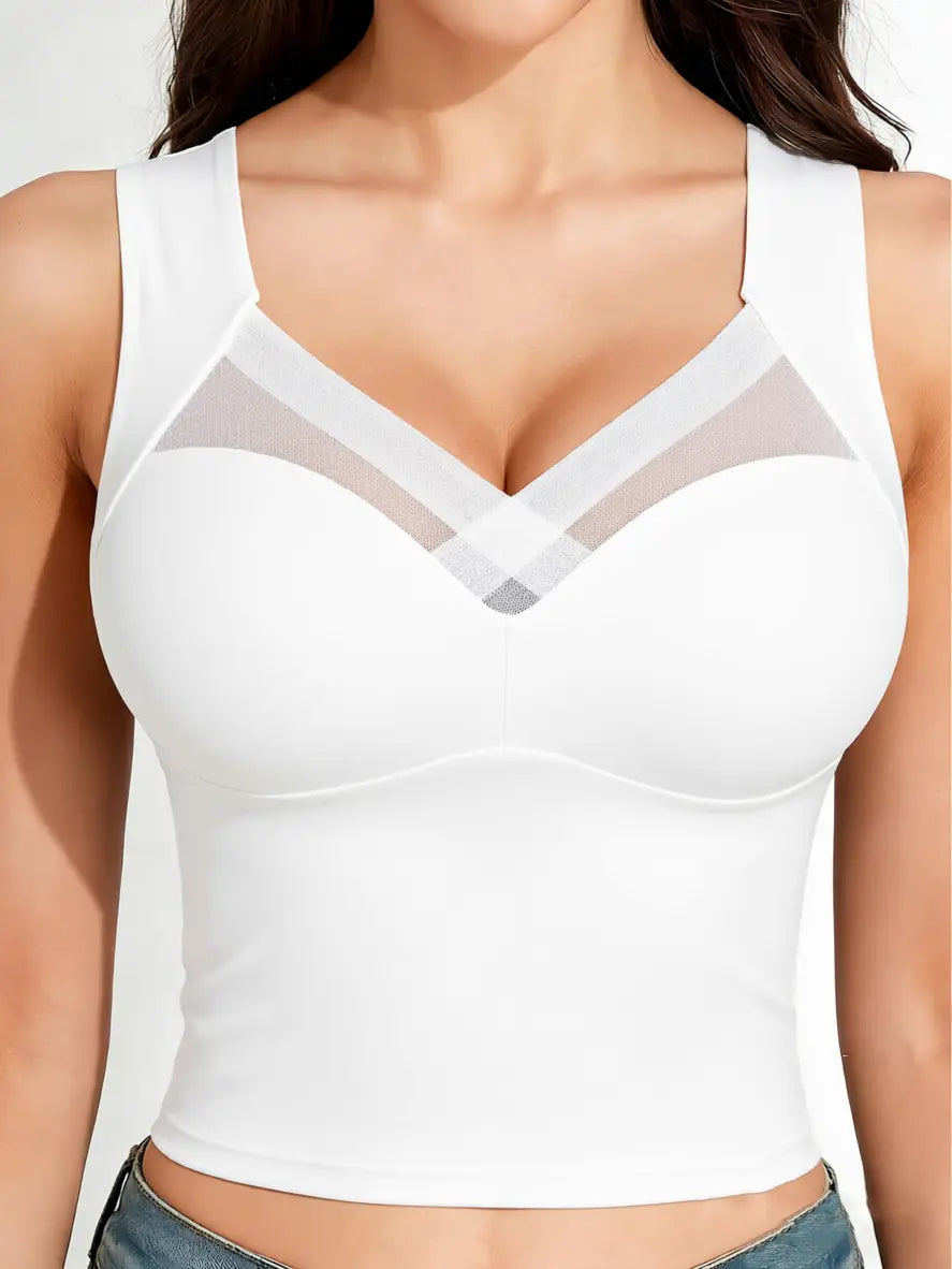 Esselegance Women's Luxury Seamless Longline Bra - Sophisticated Mesh Plunge V-Neck Wirefree Bralette - Premium Smoothing Shapewear Crop Top with Built-In Support - Elegant Wide Strap Push-Up Everyday Camisole - Invisible High-End Essentials