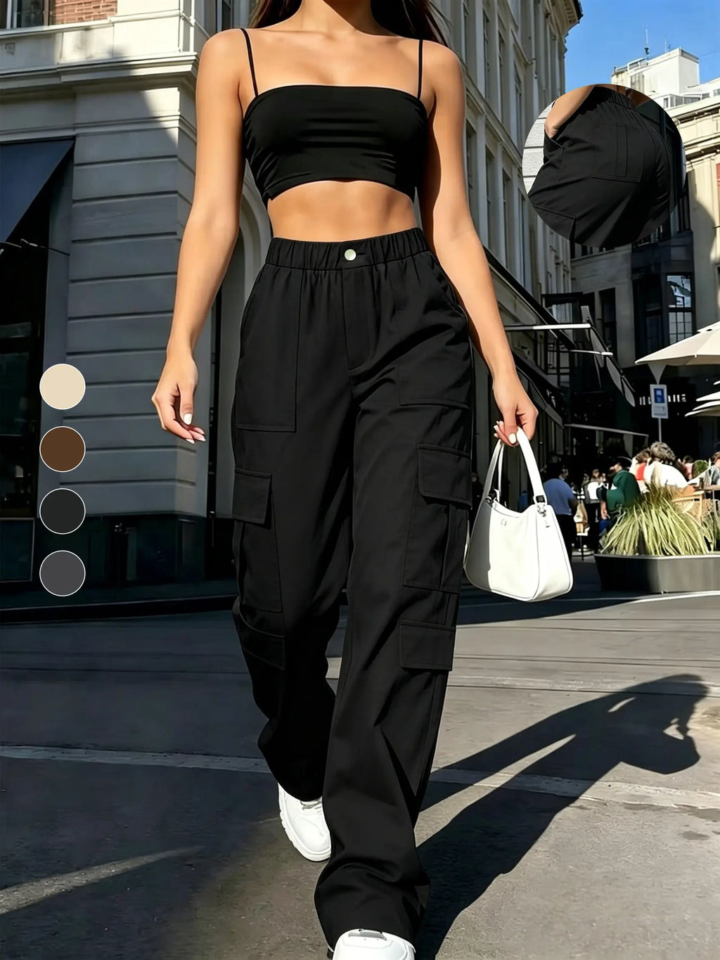 Women's Mid-Rise Cargo Straight-Leg Pants with Elastic Waistband and Large Side Pockets, Versatile Drapey Fabric for Casual Summer Style