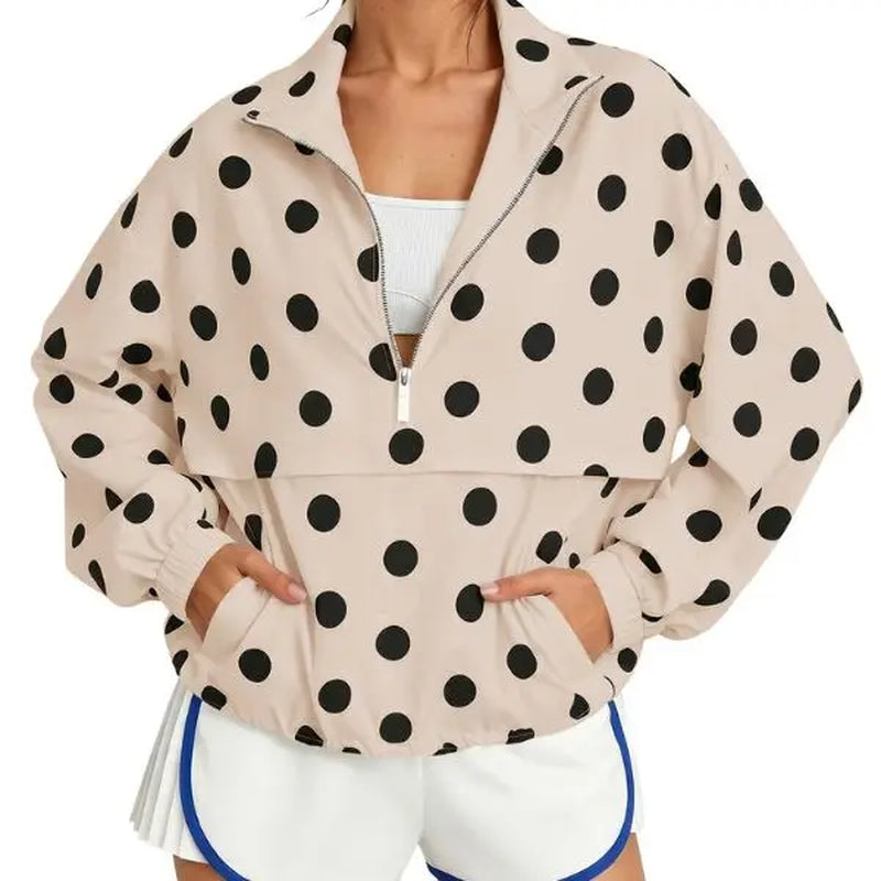 Fisoew Women's Oversized Polka Dot Half-Zip Pullover Jacket - Lightweight Windbreaker Sweatshirt for Casual Fall Streetwear