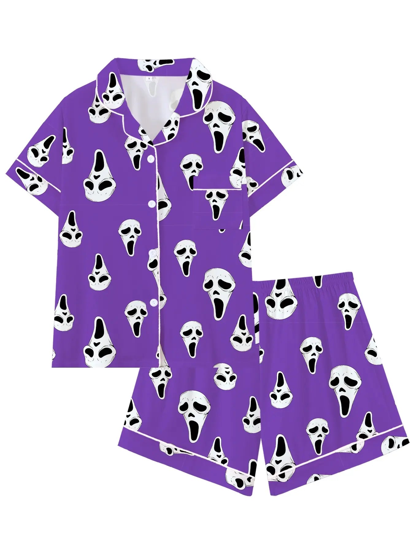 Y2K-Inspired Horror Mask Pajama Set, Ghost Print Sleepwear, Soft Short Sleeve Button-Up Home Attire, Fun Halloween 2-Piece Ensemble, Dark Aesthetic