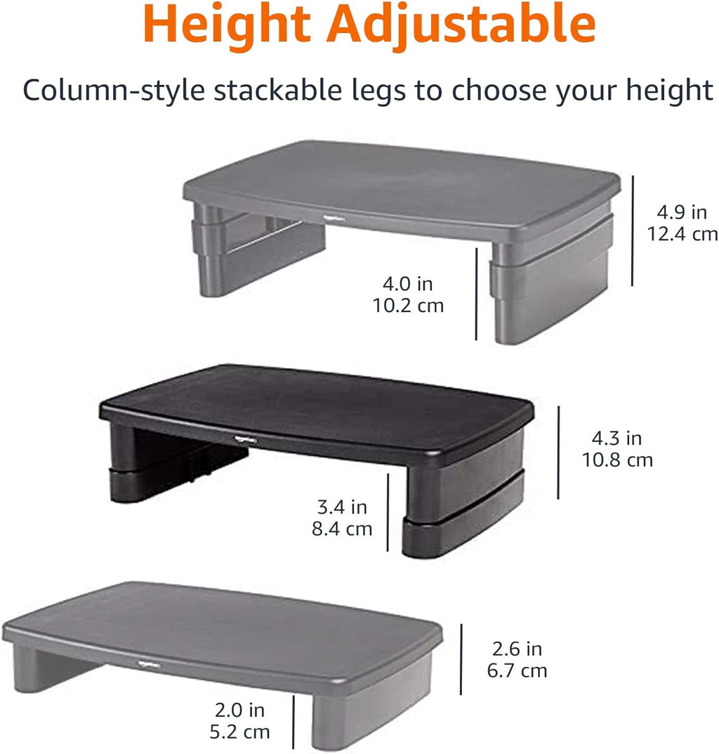 Height Adjustable Monitor Stand with Storage Organizer, 3-Level Stackable Design, Durable ABS Plastic, Supports up to 22 lbs, Suitable for Monitors and Laptops, Black