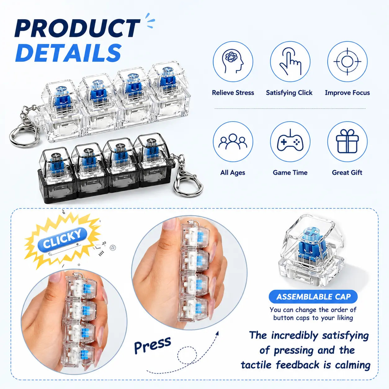 Professional Sensory Fidget Keychain with Light Emitting Feature, 4-in-1 Decompression Button, and Transparent Design for Stress Relief and Relaxation