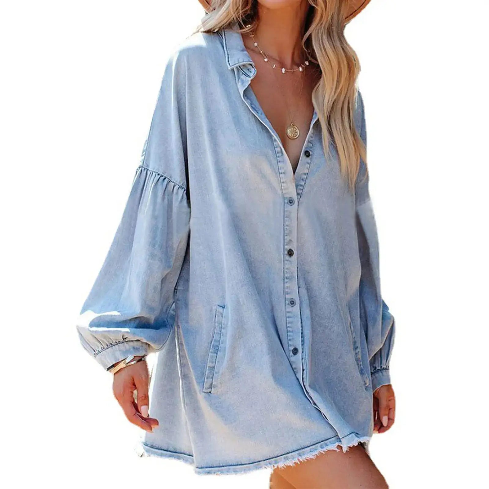 Ebossy Women's Oversized Distressed Denim Button-Down Tunic Dress with Pockets