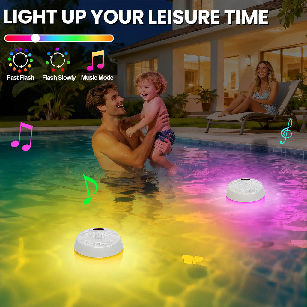 3-in-1 Floating Pool Speaker with Digital Water Thermometer, IP68 Waterproof TWS Technology, and Color LED Lights for Pool, Hot Tub, and Spa - White