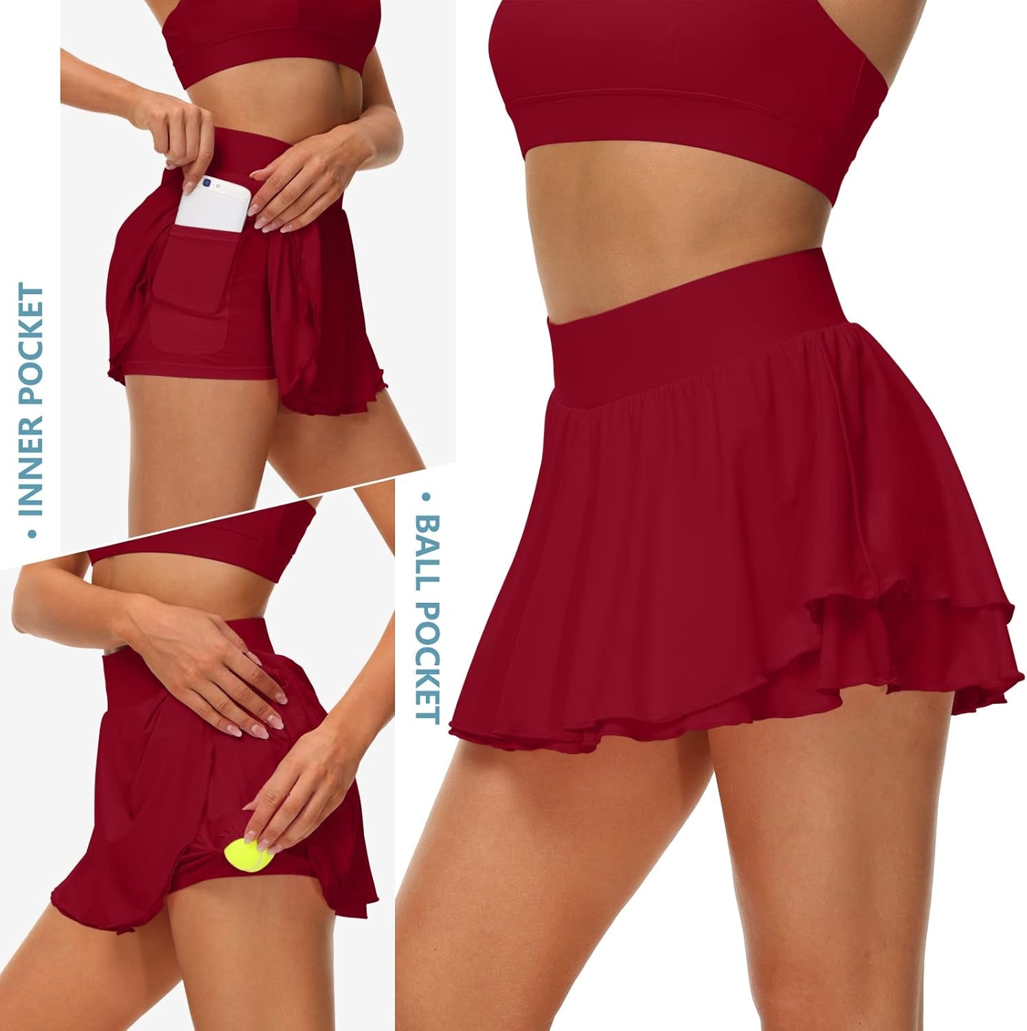 Women's Athletic Tennis Skirts with Pockets - 13-Inch Ruffle Golf and Running Skorts with Ice Silk and Built-in Shorts