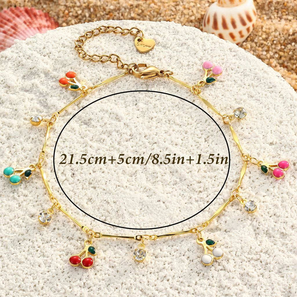FLORIDECO Women's Adjustable Y2K Colorful Cherry Anklet - Dainty Gold Costume Jewelry for Summer Beach Wear