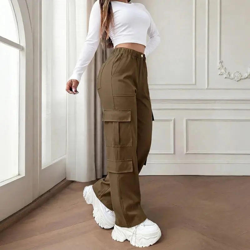 Women's Mid-Rise Cargo Straight-Leg Pants with Elastic Waistband and Large Side Pockets, Versatile Drapey Fabric for Casual Summer Style