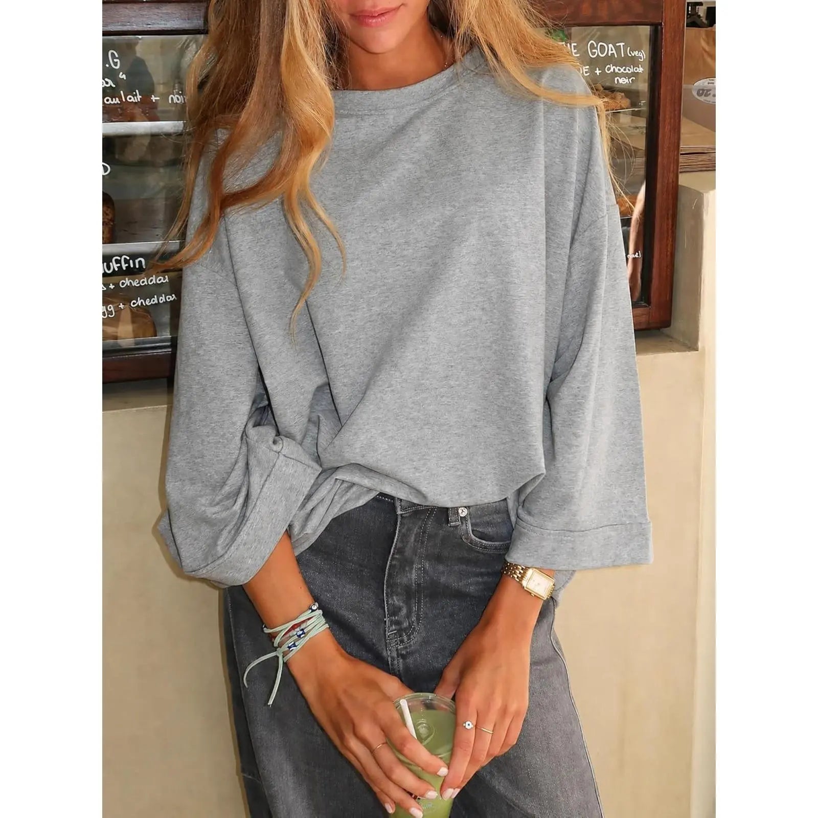 Flowyair Women's Oversized Casual T-Shirt with 3/4 Sleeves - Summer Boxy Loose Fit Crew Neck Basic Top