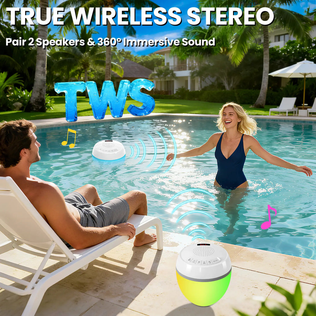 3-in-1 Floating Pool Speaker with Digital Water Thermometer, IP68 Waterproof TWS Technology, and Color LED Lights for Pool, Hot Tub, and Spa - White