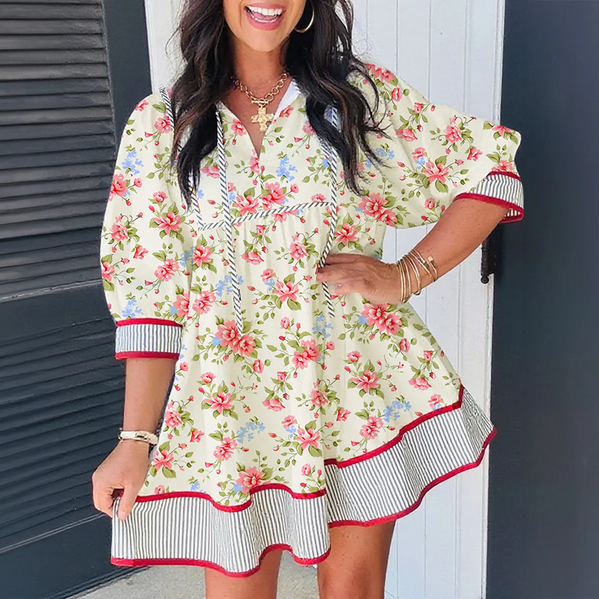 Mntaor Women's Casual Apricot Striped Edge 3/4 Puff Sleeve Floral V-Neck Tiered Babydoll Mini Dress - Ideal for Summer Beach Parties, Vacations, and Brunches