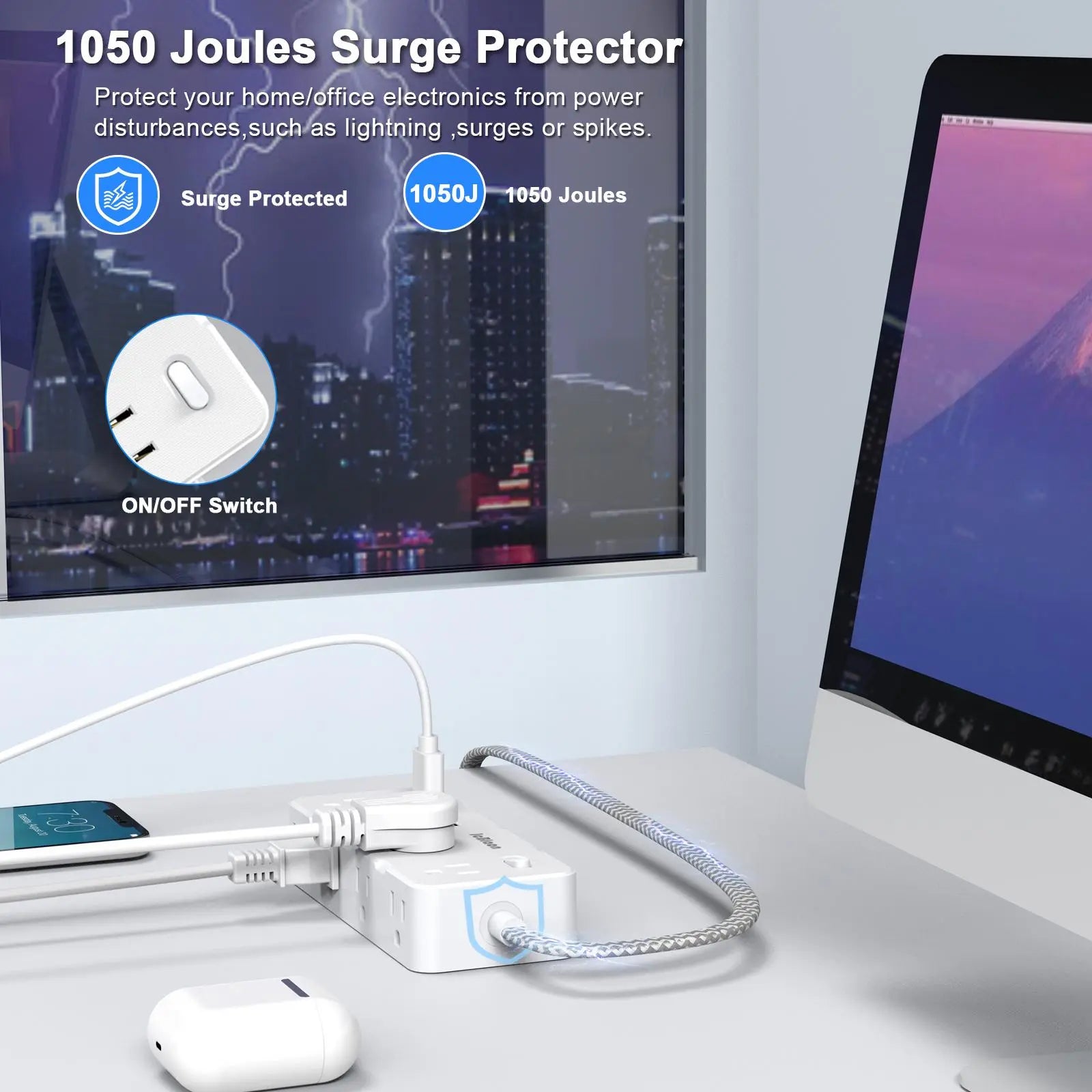 Surge Protector Power Strip with Flat Plug, 8 Outlets and 4 USB Ports (2 USB-C), 45° Ultra Thin Design, 5FT Cord, Wall Mountable for Office, Travel, and Dorm Use