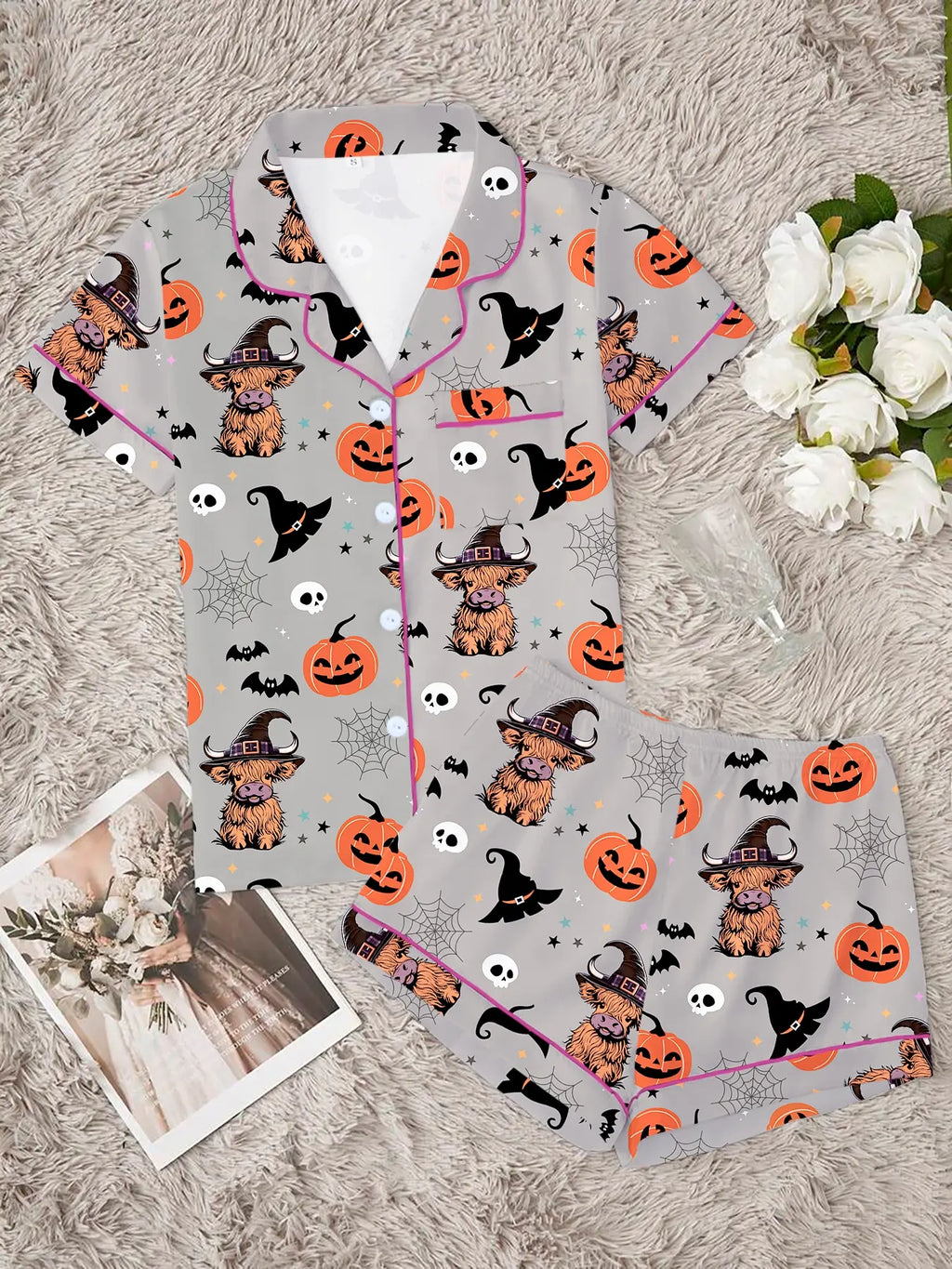 Women'S Halloween Party Pajama Set, Cute Animal Print Short Sleeve Shirt & Elastic Waist Shorts, Comfortable Casual Home Wear