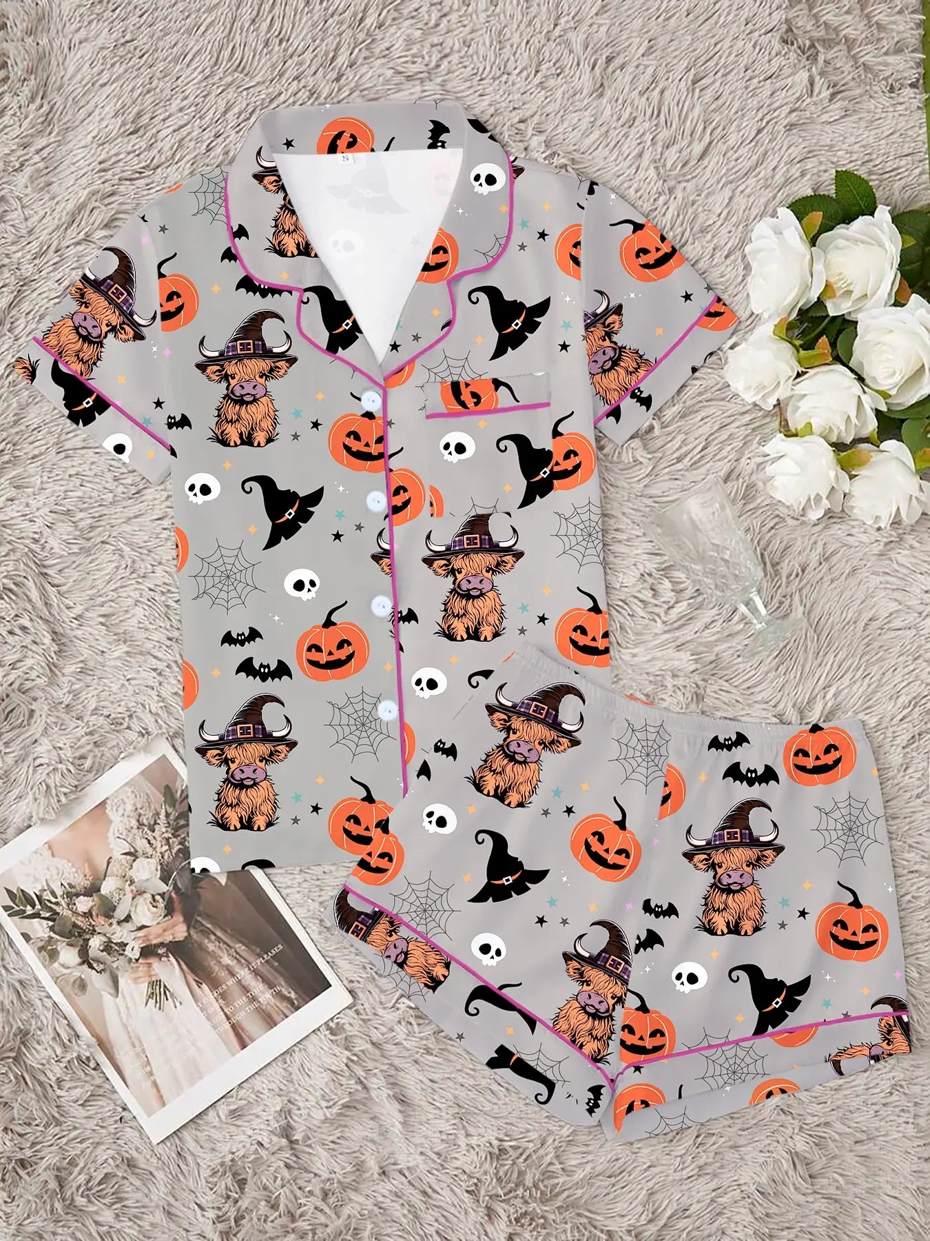Women'S Halloween Party Pajama Set, Cute Animal Print Short Sleeve Shirt & Elastic Waist Shorts, Comfortable Casual Home Wear