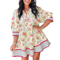 Mntaor Women's Casual Apricot Striped Edge 3/4 Puff Sleeve Floral V-Neck Tiered Babydoll Mini Dress - Ideal for Summer Beach Parties, Vacations, and Brunches