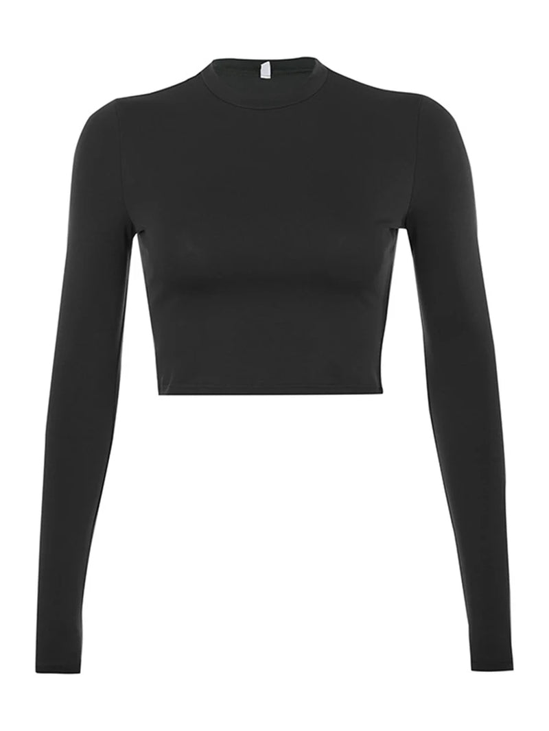 Women's Solid Basic Long Sleeve Casual Crop Top T-Shirt in Black and White - Korean Fashion Tee