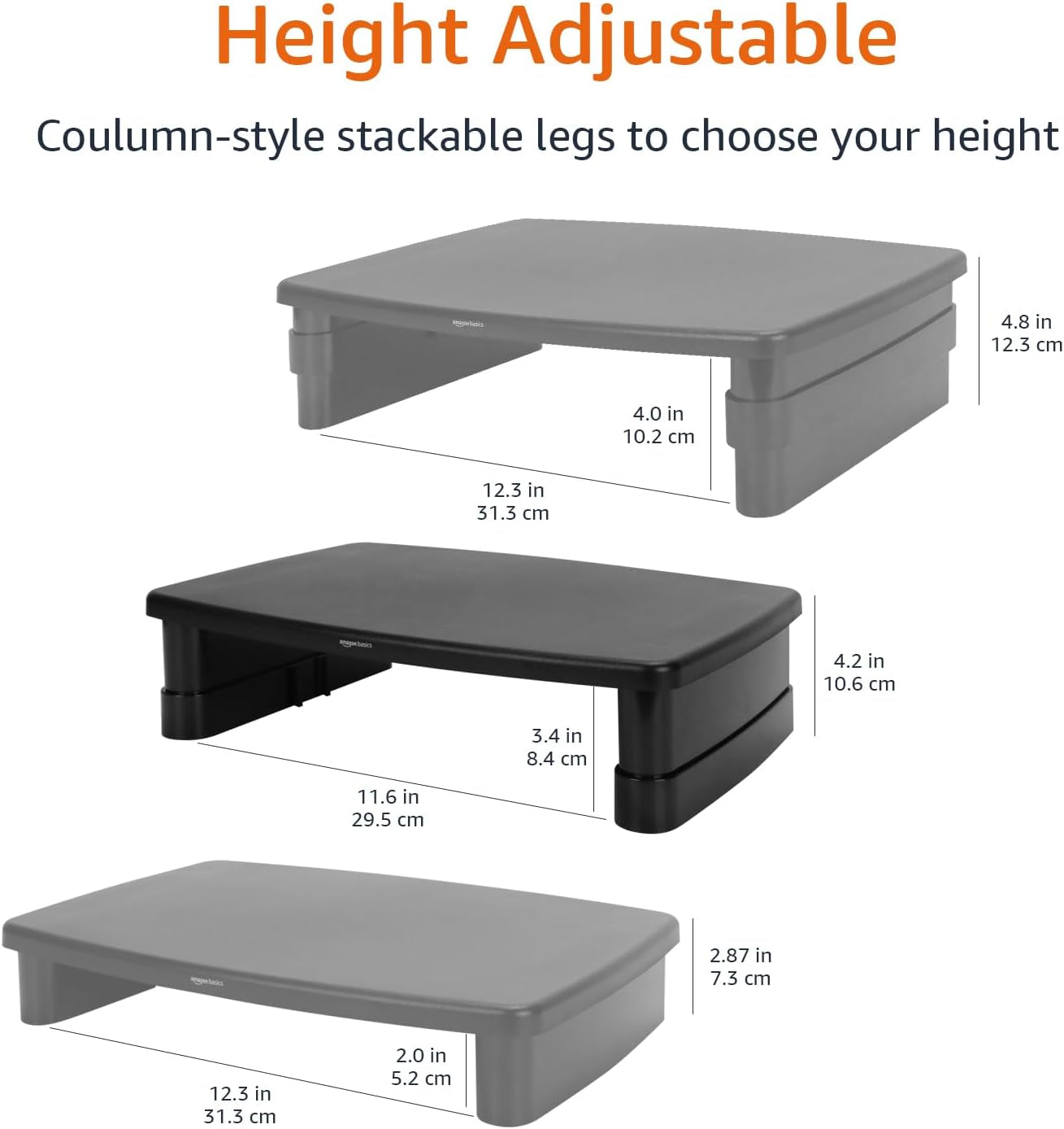 Height Adjustable Monitor Stand with Storage Organizer, 3-Level Stackable Design, Durable ABS Plastic, Supports up to 22 lbs, Suitable for Monitors and Laptops, Black