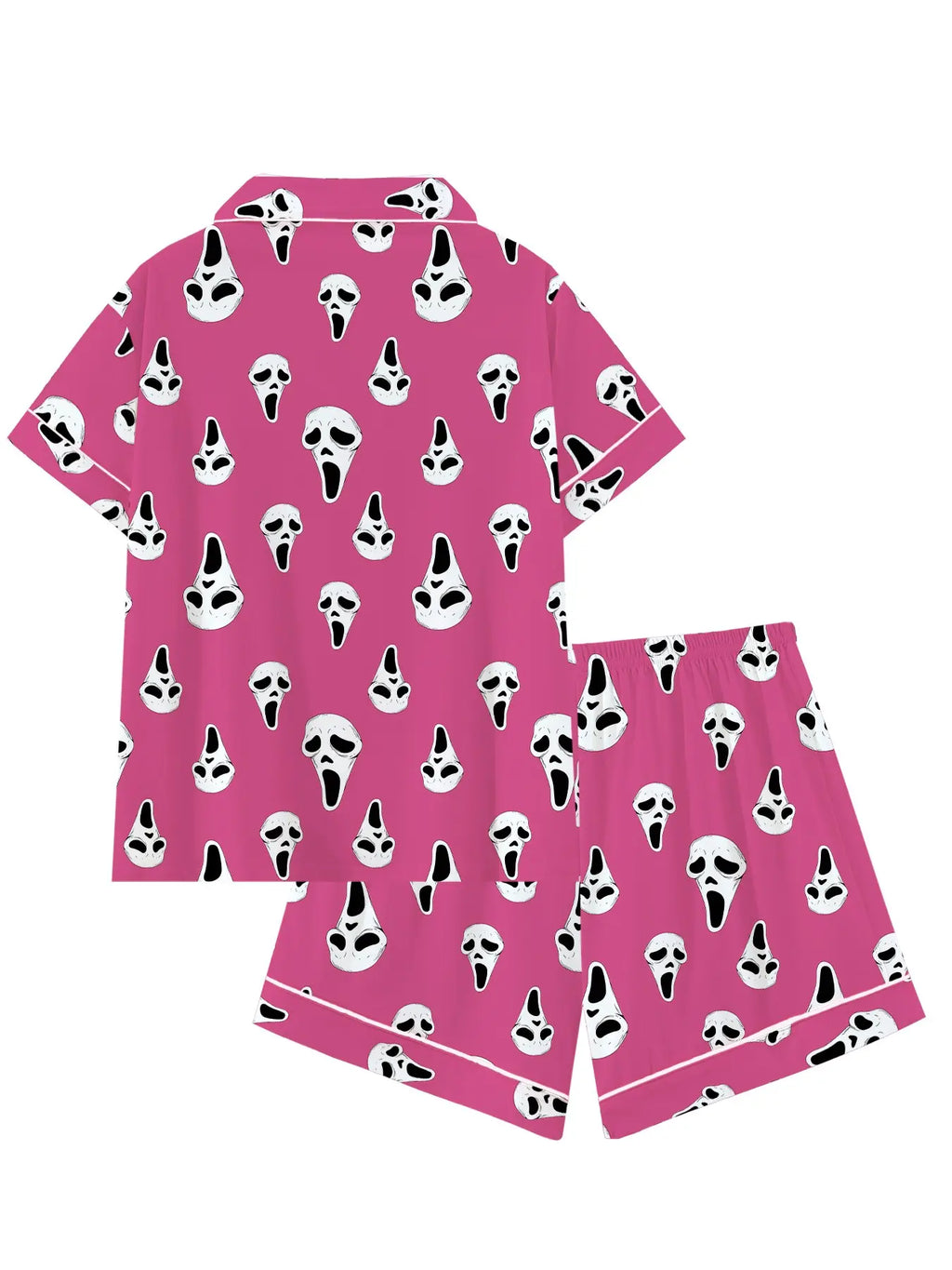 Y2K-Inspired Horror Mask Pajama Set, Ghost Print Sleepwear, Soft Short Sleeve Button-Up Home Attire, Fun Halloween 2-Piece Ensemble, Dark Aesthetic