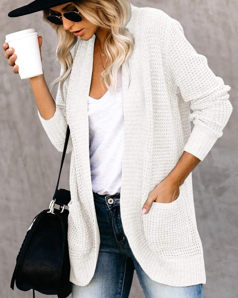 Women's Lightweight Soft Knit Cardigan with Pockets - Casual Long Sleeve Open Front Sweater