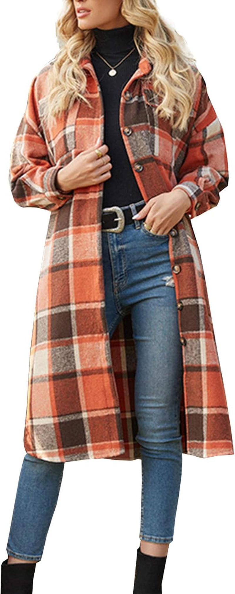 Women's Casual Wool Blend Long Plaid Shirt Jacket with Button Down and Pockets